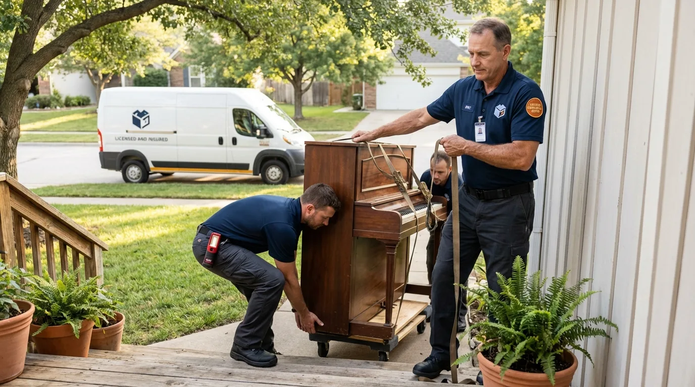 Licensed piano movers securing grand piano in Waco, TX