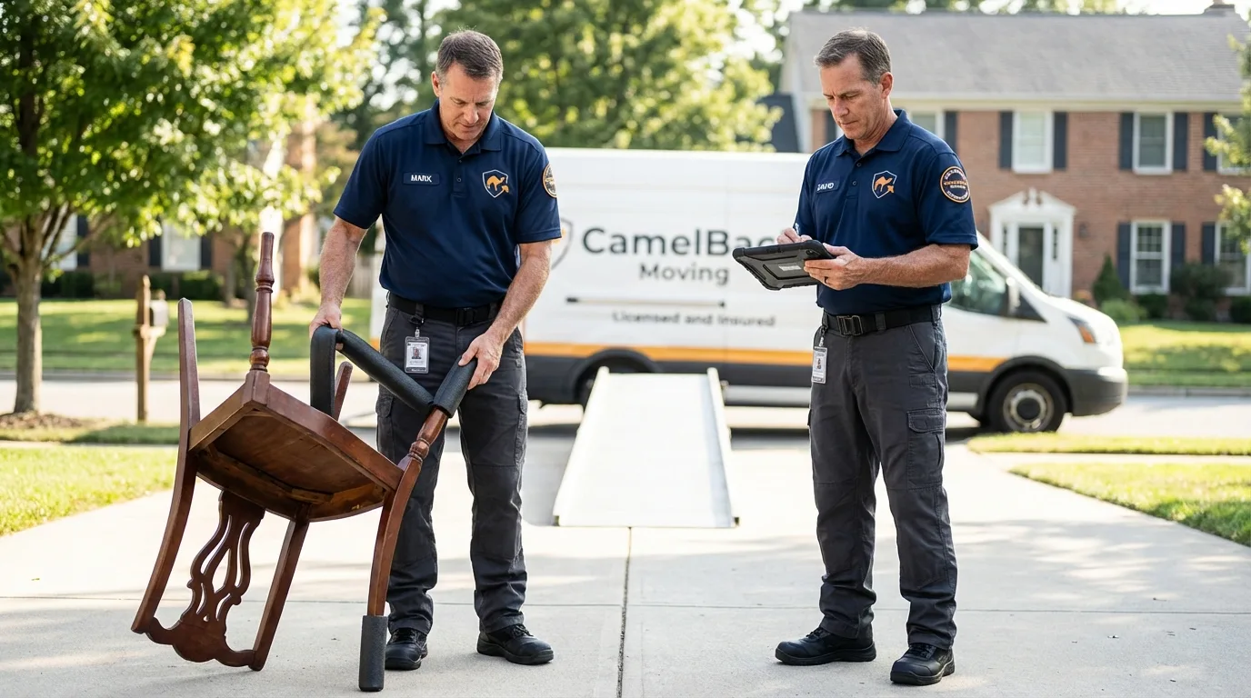 Movers inspecting furniture for damage prevention before loading in Waco, TX