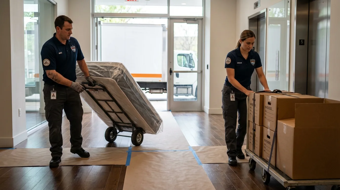 Professional apartment movers loading elevator in Waco, TX